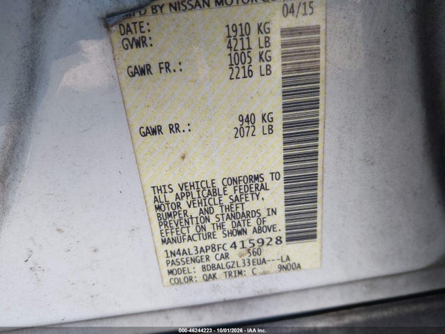 Продаж на аукціоні авто 2015 Nissan Altima 2.5 S, vin: 1N4AL3AP8FC415928, номер лоту: 46244223