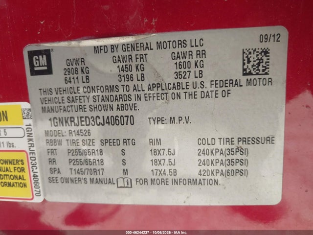 46244237 :رقم المزاد ، 1GNKRJED3CJ406070 vin ، 2012 Chevrolet Traverse 2lt مزاد بيع