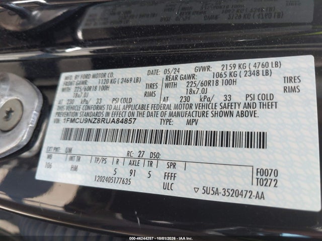 Aukcja sprzedaży 2024 Ford Escape St-line Select, vin: 1FMCU9NZ8RUA84857, numer aukcji: 46244257