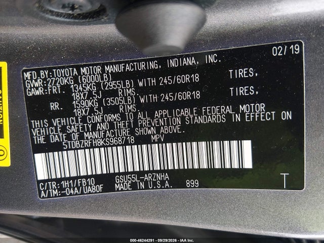 46244291 :رقم المزاد ، 5TDBZRFH8KS968718 vin ، 2019 Toyota Highlander Le مزاد بيع