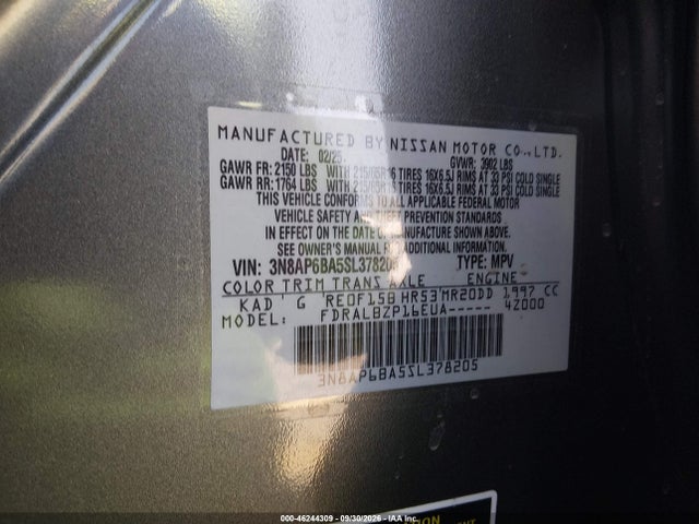 46244309 :رقم المزاد ، 3N8AP6BA5SL378205 vin ، 2025 Nissan Kicks S Fwd مزاد بيع
