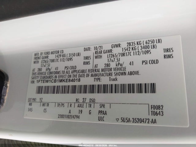 2021 Ford F-150 Xl მანქანა იყიდება აუქციონზე, vin: 1FTEW1CB1MKE84018, აუქციონის ნომერი: 46244310