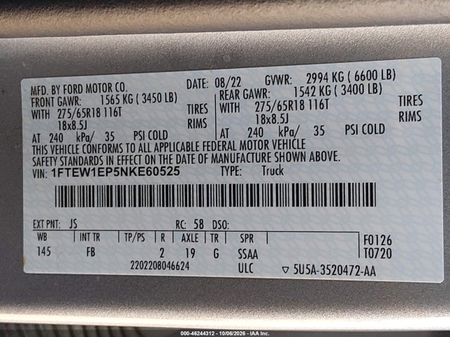 2022 Ford F-150 Xlt მანქანა იყიდება აუქციონზე, vin: 1FTEW1EP5NKE60525, აუქციონის ნომერი: 46244312