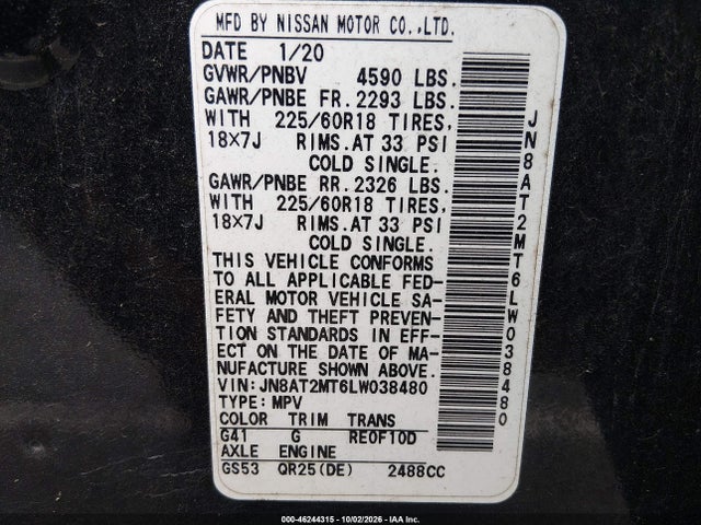 Продажа на аукционе авто 2020 Nissan Rogue Sv Fwd, vin: JN8AT2MT6LW038480, номер лота: 46244315