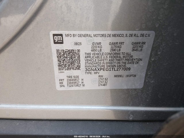 2026 Chevrolet Equinox Awd Lt მანქანა იყიდება აუქციონზე, vin: 3GNAXPEG1TL277009, აუქციონის ნომერი: 46244316