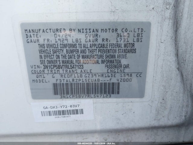 Aukcja sprzedaży 2024 Nissan Kicks S Xtronic Cvt, vin: 3N1CP5BV7RL547123, numer aukcji: 46244320