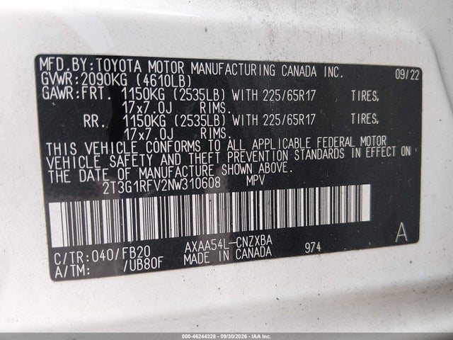 Aukcja sprzedaży 2022 Toyota Rav4 Le, vin: 2T3G1RFV2NW310608, numer aukcji: 46244328