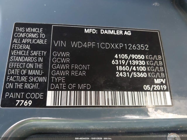 2019 Mercedes-benz Sprinter 2500 High Roof V6 მანქანა იყიდება აუქციონზე, vin: WD4PF1CDXKP126352, აუქციონის ნომერი: 46244334