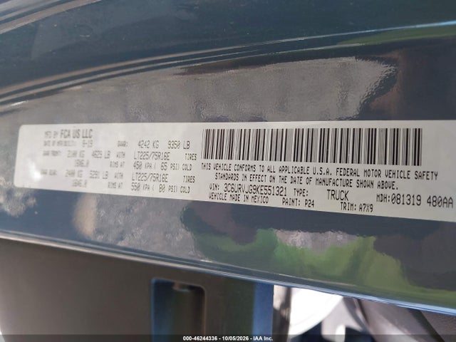 46244336 :رقم المزاد ، 3C6URVJG9KE551321 vin ، 2019 Ram Promaster 3500 Cargo Van High Roof 159 Wb Ext مزاد بيع
