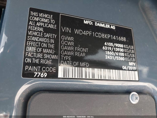 Продажа на аукционе авто 2019 Mercedes-benz Sprinter 2500 High Roof V6, vin: WD4PF1CD8KP141688, номер лота: 46244335