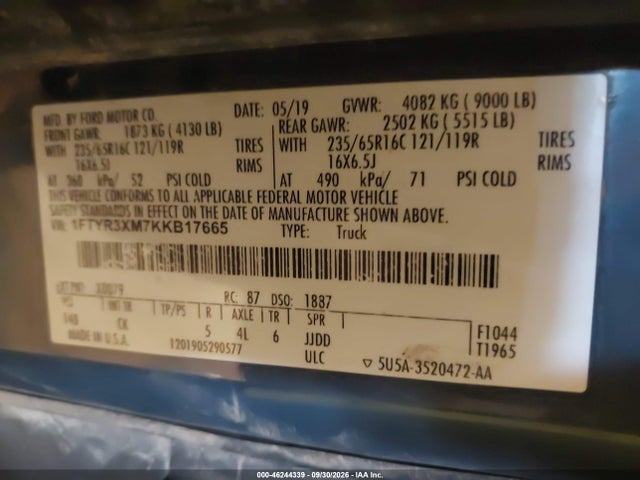 Auction sale of the 2019 Ford Transit-250, vin: 1FTYR3XM7KKB17665, lot number: 46244339