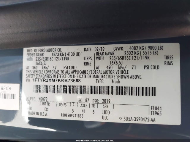 2019 Ford Transit-250 მანქანა იყიდება აუქციონზე, vin: 1FTYR3XM7KKB73668, აუქციონის ნომერი: 46244343