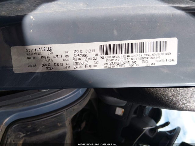 46244345 :رقم المزاد ، 3C6URVJG7LE107131 vin ، 2020 Ram Promaster 3500 Cargo Van High Roof 159 Wb Ext مزاد بيع