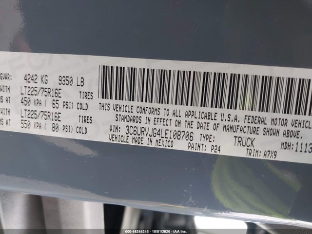 Продажа на аукционе авто 2020 Ram Promaster 3500 Cargo Van High Roof 159 Wb Ext, vin: 3C6URVJG4LE108706, номер лота: 46244348