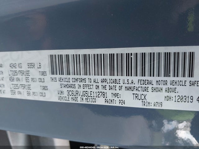 Продаж на аукціоні авто 2020 Ram Promaster 3500 Cargo Van High Roof 159 Wb Ext, vin: 3C6URVJG5LE112781, номер лоту: 46244349