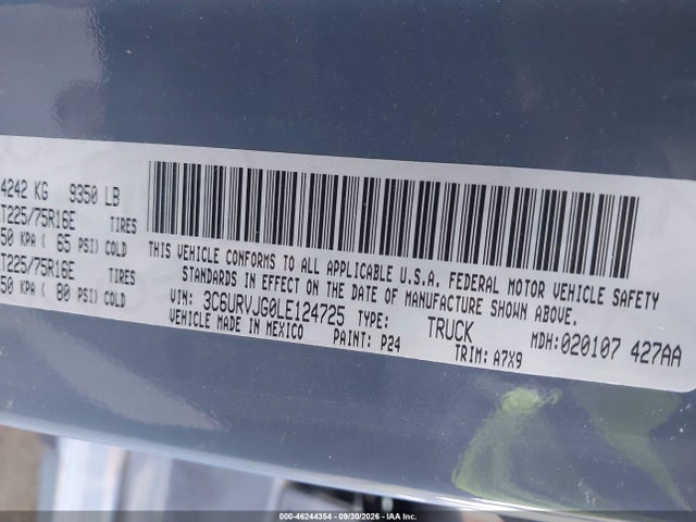 Продаж на аукціоні авто 2020 Ram Promaster 3500 Cargo Van High Roof 159 Wb Ext, vin: 3C6URVJG0LE124725, номер лоту: 46244354