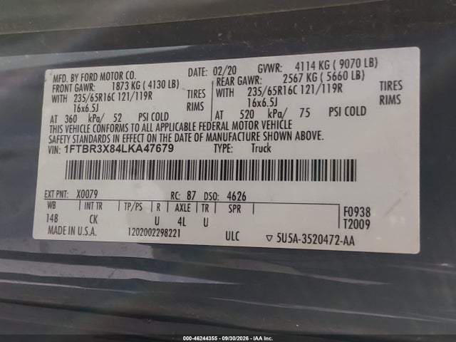 Продаж на аукціоні авто 2020 Ford Transit-250 Cargo Van, vin: 1FTBR3X84LKA47679, номер лоту: 46244355