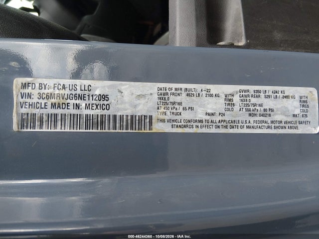 46244360 :رقم المزاد ، 3C6MRVJG6NE112095 vin ، 2022 Ram Promaster 3500 Cargo Van High Roof 159 Wb Ext مزاد بيع