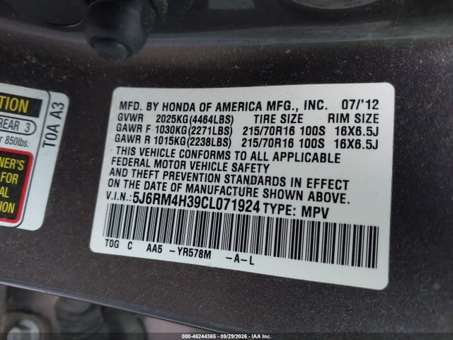 Aukcja sprzedaży 2012 Honda Cr-v Lx, vin: 5J6RM4H39CL071924, numer aukcji: 46244365