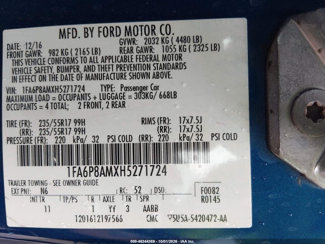 Aukcja sprzedaży 2017 Ford Mustang V6, vin: 1FA6P8AMXH5271724, numer aukcji: 46244369