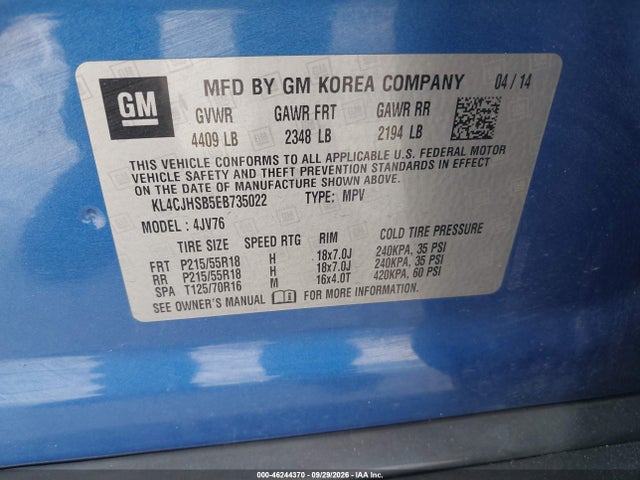 2014 Buick Encore Premium მანქანა იყიდება აუქციონზე, vin: KL4CJHSB5EB735022, აუქციონის ნომერი: 46244370