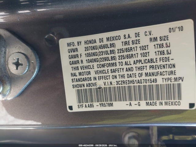 Продажа на аукционе авто 2010 Honda Cr-v Ex, vin: 3CZRE3H51AG701549, номер лота: 46244399