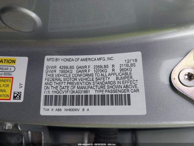 Honda ACCORD LX 2019 1HGCV1F13KA031861 Image 9