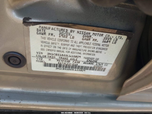 46244442 :رقم المزاد ، 3N1CB51D22L615809 vin ، 2002 Nissan Sentra Gxe مزاد بيع