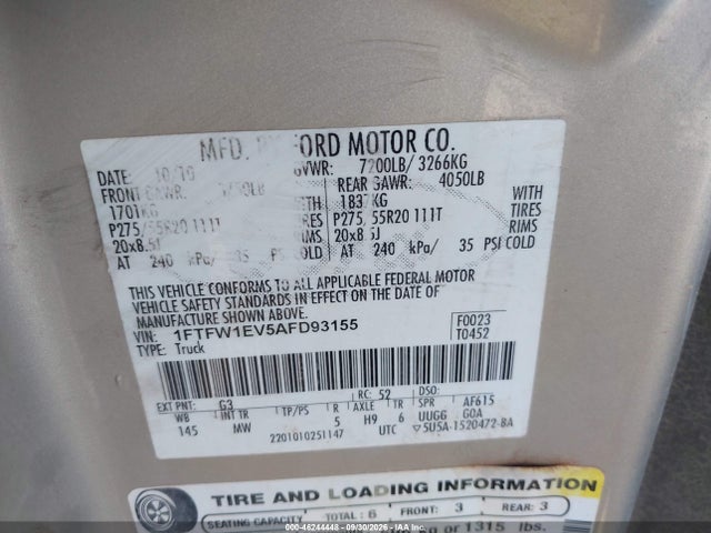 Продаж на аукціоні авто 2010 Ford F-150, vin: 1FTFW1EV5AFD93155, номер лоту: 46244448