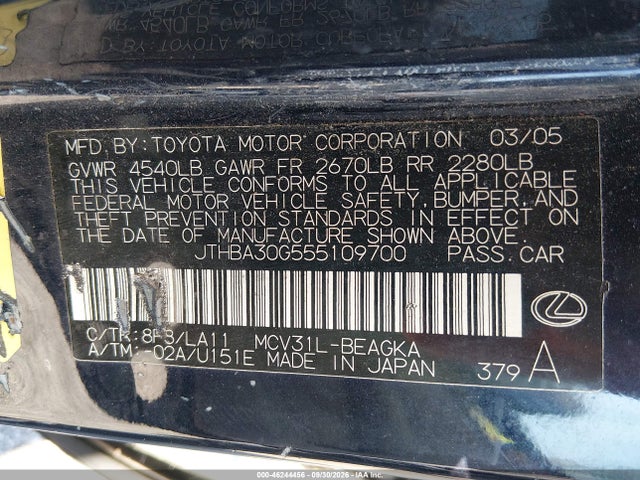 46244456 :رقم المزاد ، JTHBA30G555109700 vin ، 2005 Lexus Es 330 مزاد بيع