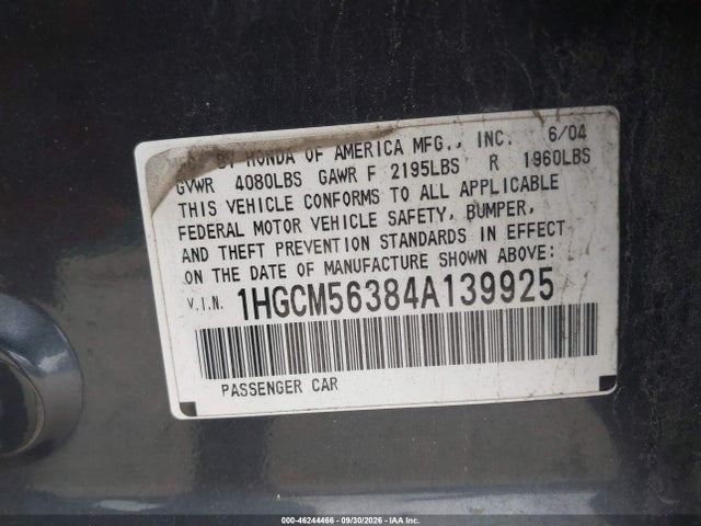 Aukcja sprzedaży 2004 Honda Accord 2.4 Lx, vin: 1HGCM56384A139925, numer aukcji: 46244466