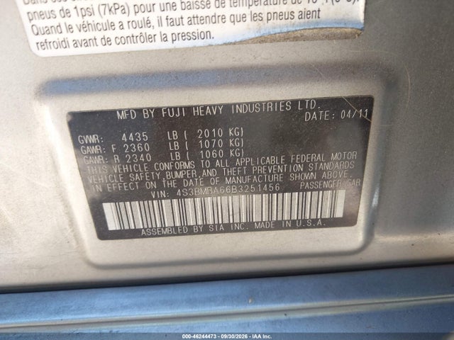 Продажа на аукционе авто 2011 Subaru Legacy 2.5i, vin: 4S3BMBA66B3251456, номер лота: 46244473