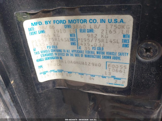 Aukcja sprzedaży 1987 Ford Ranger, vin: 1FTBR10A6HUA12980, numer aukcji: 46244478