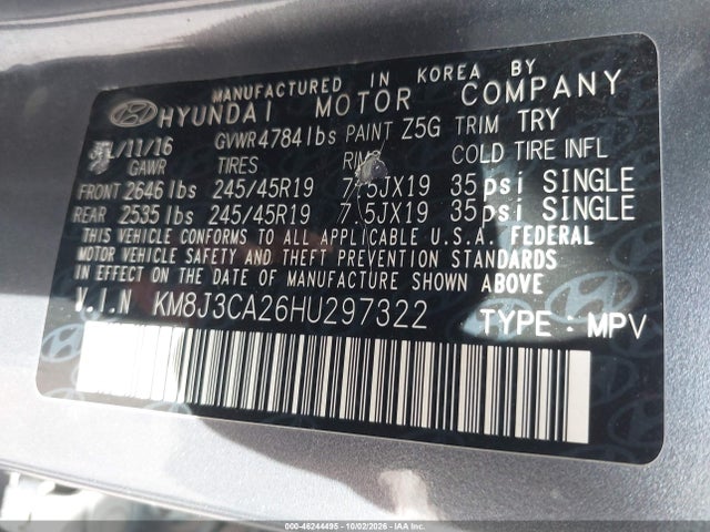 46244495 :رقم المزاد ، KM8J3CA26HU297322 vin ، 2017 Hyundai Tucson Limited مزاد بيع