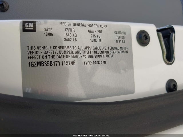 2007 Pontiac Solstice მანქანა იყიდება აუქციონზე, vin: 1G2MB35B17Y115746, აუქციონის ნომერი: 46244509