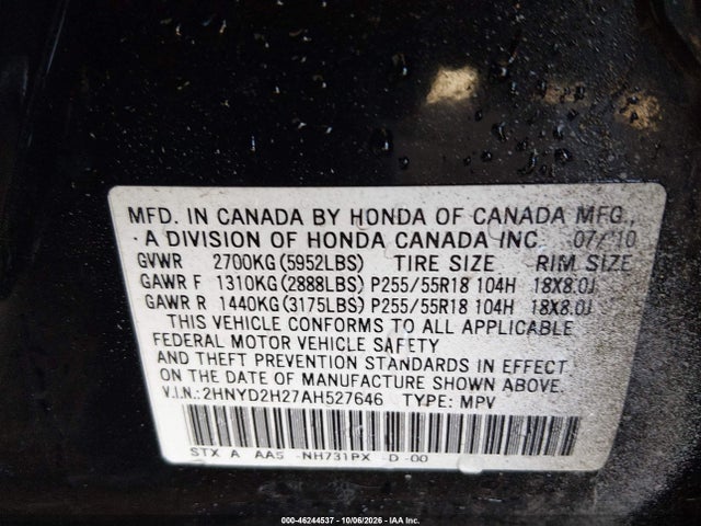 Продаж на аукціоні авто 2010 Acura Mdx, vin: 2HNYD2H27AH527646, номер лоту: 46244537