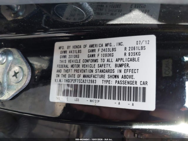 46244541 :رقم المزاد ، 1HGCP2F75CA212983 vin ، 2012 Honda Accord 2.4 Ex مزاد بيع