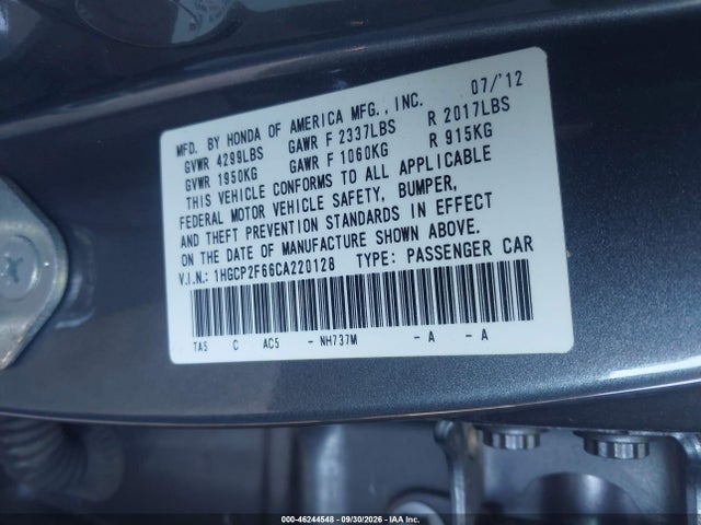 Aukcja sprzedaży 2012 Honda Accord 2.4 Se, vin: 1HGCP2F66CA220128, numer aukcji: 46244548