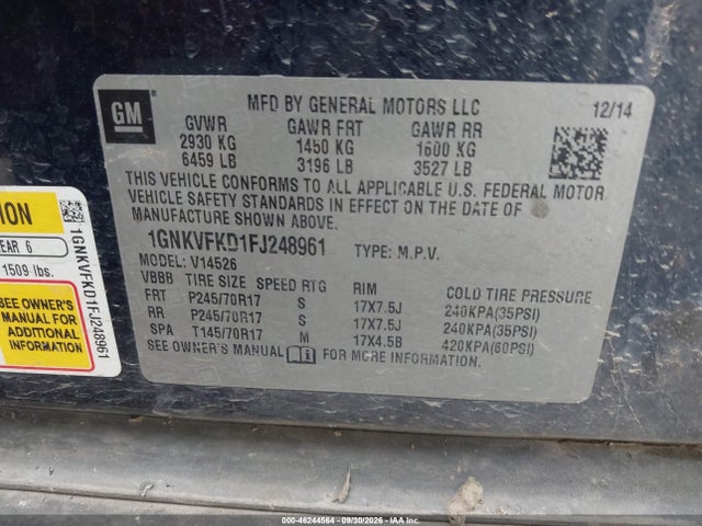 46244564 :رقم المزاد ، 1GNKVFKD1FJ248961 vin ، 2015 Chevrolet Traverse Ls مزاد بيع