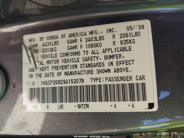 46244565 :رقم المزاد ، 1HGCP26829A152078 vin ، 2009 Honda Accord 2.4 Ex-l مزاد بيع