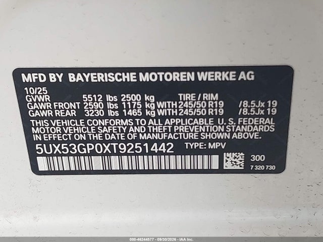 2026 Bmw X3 30 Xdrive მანქანა იყიდება აუქციონზე, vin: 5UX53GP0XT9251442, აუქციონის ნომერი: 46244577