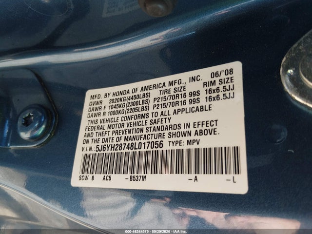 46244579 :رقم المزاد ، 5J6YH28748L017056 vin ، 2008 Honda Element Ex مزاد بيع