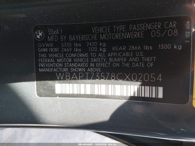 Продаж на аукціоні авто 2008 Bmw 535xi, vin: WBAPT73578CX02054, номер лоту: 46244587