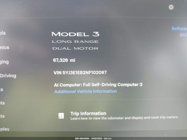 46244594 :رقم المزاد ، 5YJ3E1EB2NF102097 vin ، 2022 Tesla Model 3 Long Range Dual Motor All-wheel Drive مزاد بيع