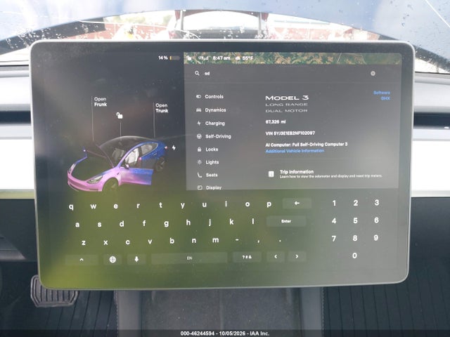 46244594 :رقم المزاد ، 5YJ3E1EB2NF102097 vin ، 2022 Tesla Model 3 Long Range Dual Motor All-wheel Drive مزاد بيع