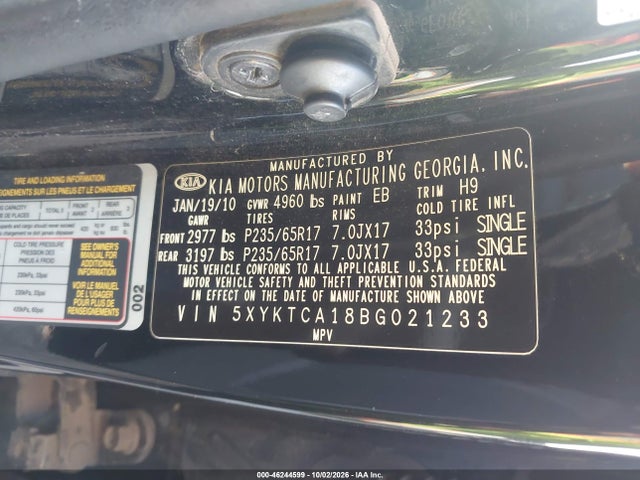 Продаж на аукціоні авто 2011 Kia Sorento Lx, vin: 5XYKTCA18BG021233, номер лоту: 46244599