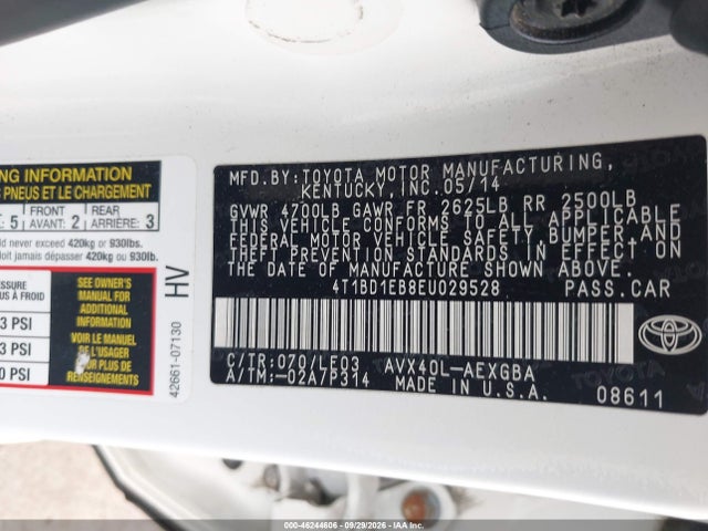 46244606 :رقم المزاد ، 4T1BD1EB8EU029528 vin ، 2014 Toyota Avalon Hybrid Xle Touring مزاد بيع