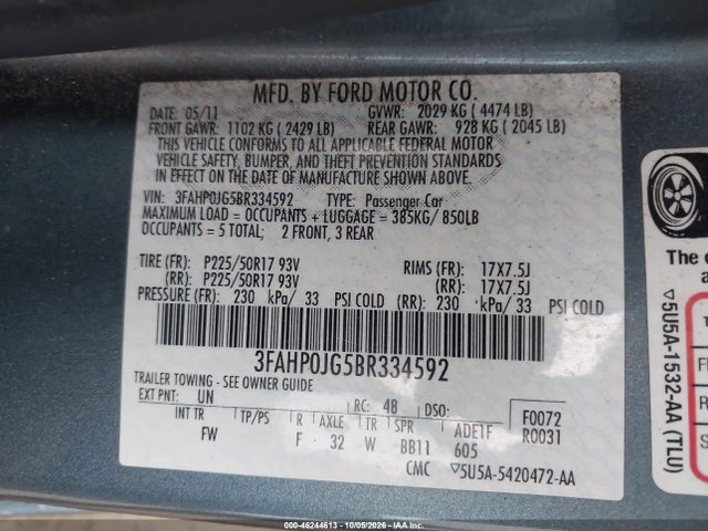 2011 Ford Fusion Sel მანქანა იყიდება აუქციონზე, vin: 3FAHP0JG5BR334592, აუქციონის ნომერი: 46244613
