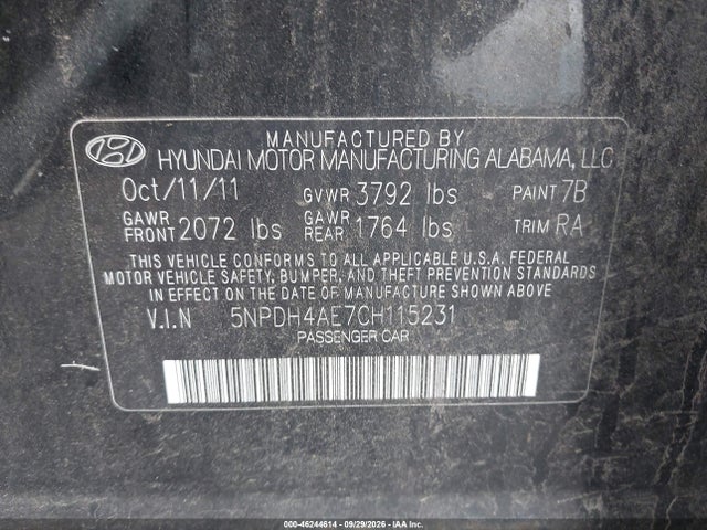 2012 Hyundai Elantra Limited მანქანა იყიდება აუქციონზე, vin: 5NPDH4AE7CH115231, აუქციონის ნომერი: 46244614