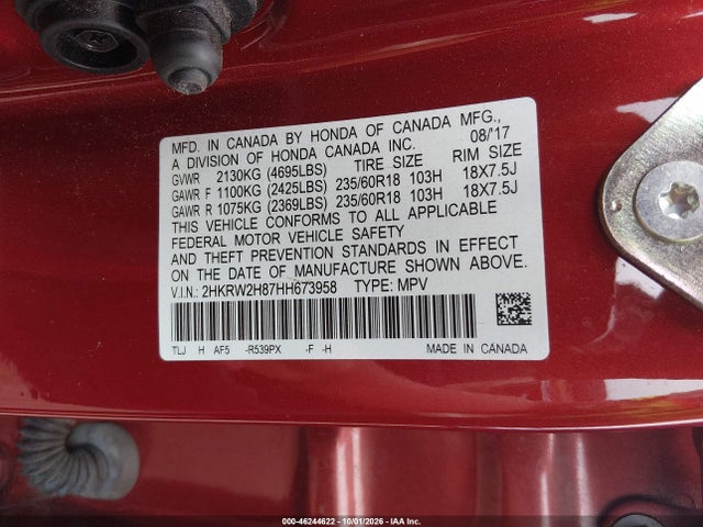 46244622 :رقم المزاد ، 2HKRW2H87HH673958 vin ، 2017 Honda Cr-v Ex-l/ex-l Navi مزاد بيع